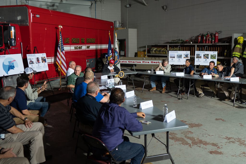 President Donald J. Trump participates in an emergency operational briefing at at Fire Company One in Lake Charles, La. during his visit Saturday, Aug, 29, 2020, to the areas of Louisiana and Texas impacted by Hurricane Laura. (Official White House Photo by Shealah Craighead)