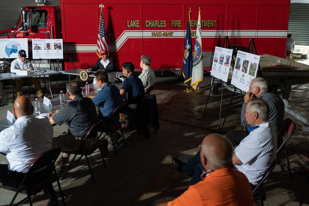 President Donald J. Trump participates in an emergency operational briefing at at Fire Company One in Lake Charles, La. during his visit Saturday, Aug, 29, 2020, to the areas of Louisiana and Texas impacted by Hurricane Laura. (Official White House Photo by Shealah Craighead)
