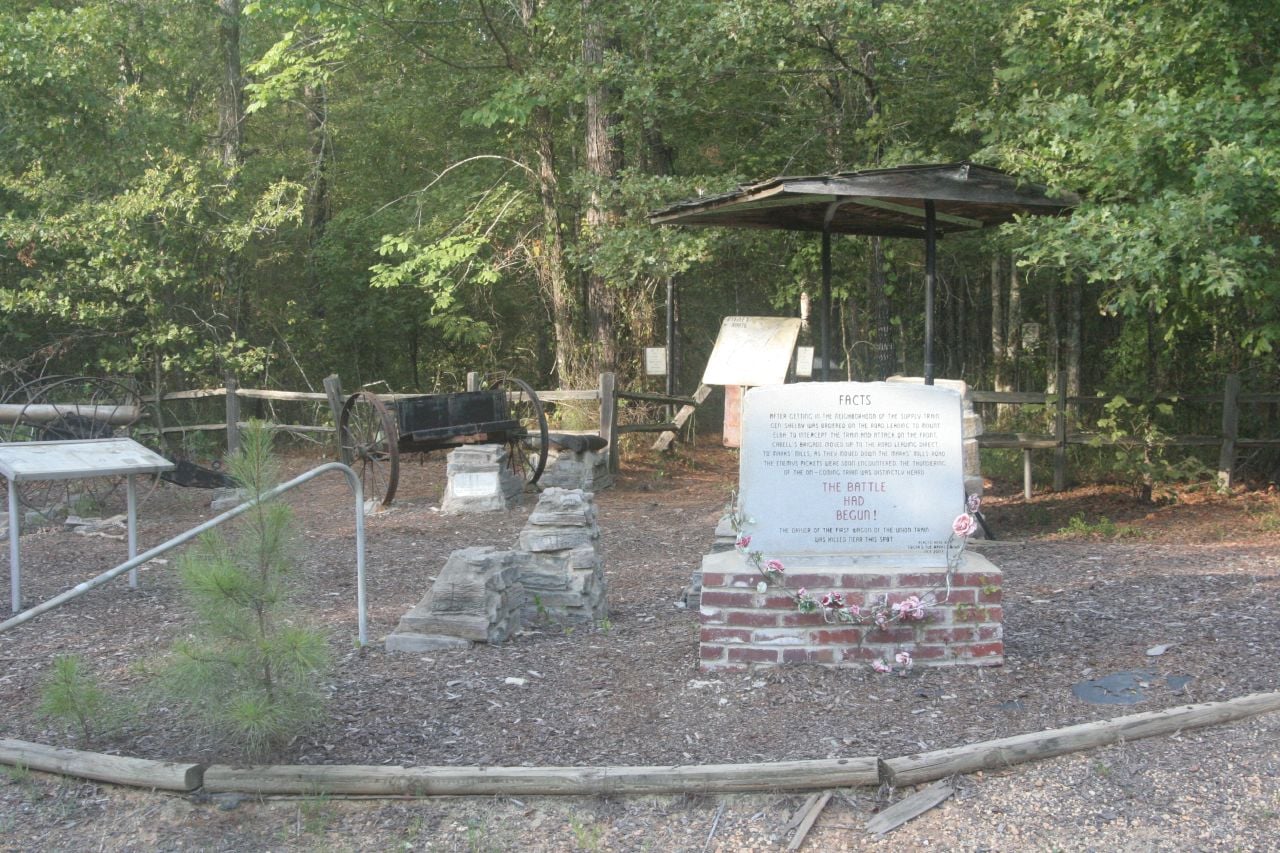 Marks' Mills Battleground interpretive sign at the 1864 Civil War battlefield in Cleveland County, Arkansas