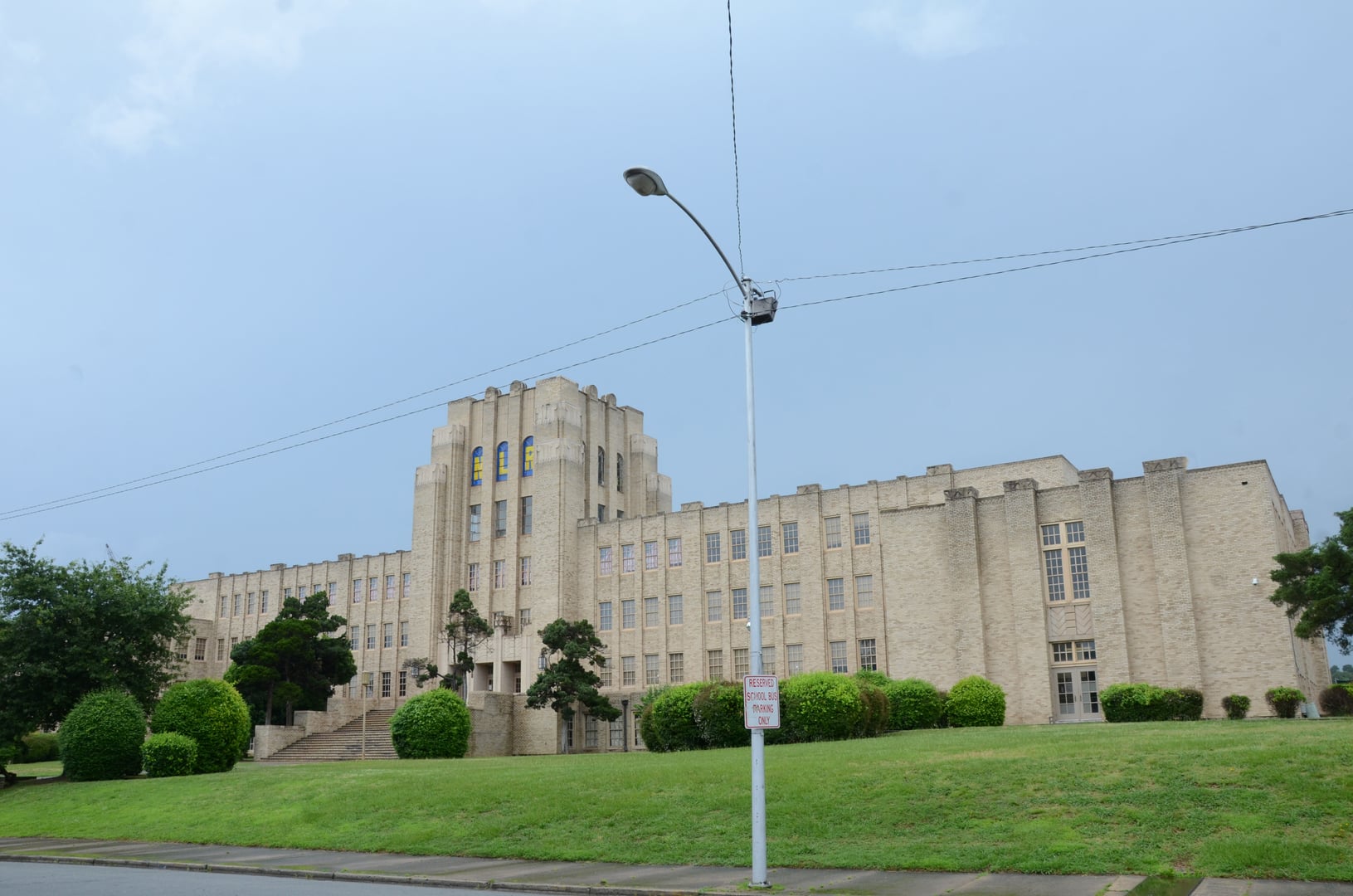 Art Deco facade of the 1930 Ole Main building of North Little Rock High School in North Little Rock, Arkansas, listed on the National Register of Historic Places