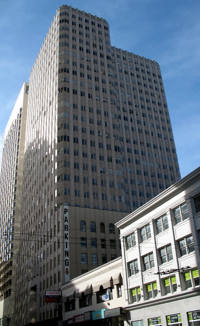 Exterior of 450 Sutter Street, a 26-story Art Deco / Neo-Mayan office tower in downtown San Francisco