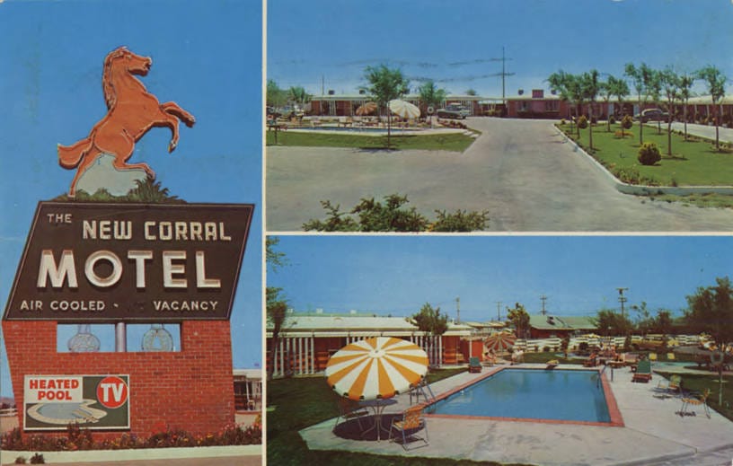 Vintage postcard of the New Corral Motel sign, grounds and swimming pool, Victorville, California.