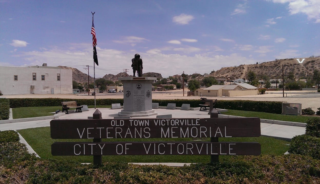 Old Town Victorville Veterans Memorial at the corner of Seventh Street and Forrest Avenue, on the historic Route 66 corridor.