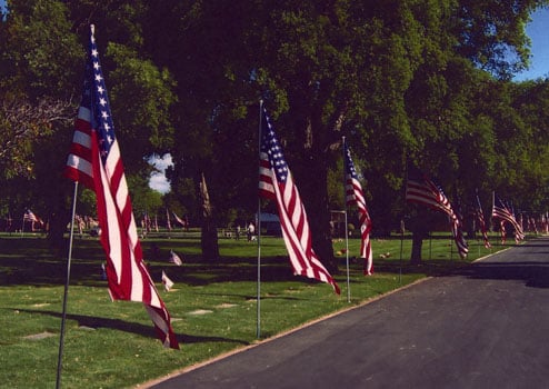 Historic cemetery grounds with mature trees and manicured lawn