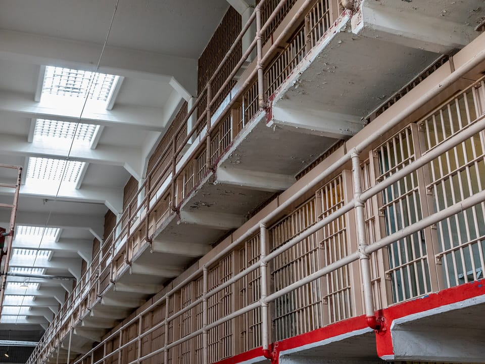 Tiers of cells and skylights in the main cellhouse of the former Alcatraz Federal Penitentiary, 2022