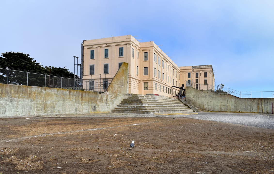 The recreation yard and the main prison building at Alcatraz, 2019