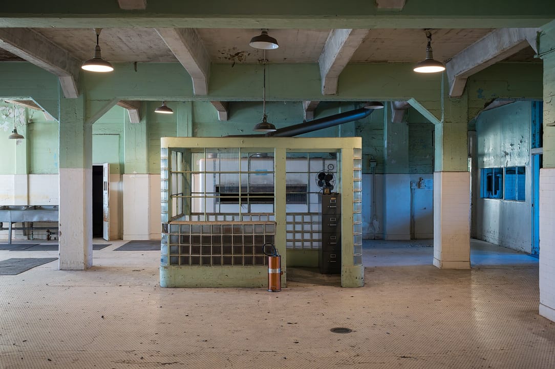 The kitchen next to the dining hall in the former Alcatraz prison, 2023