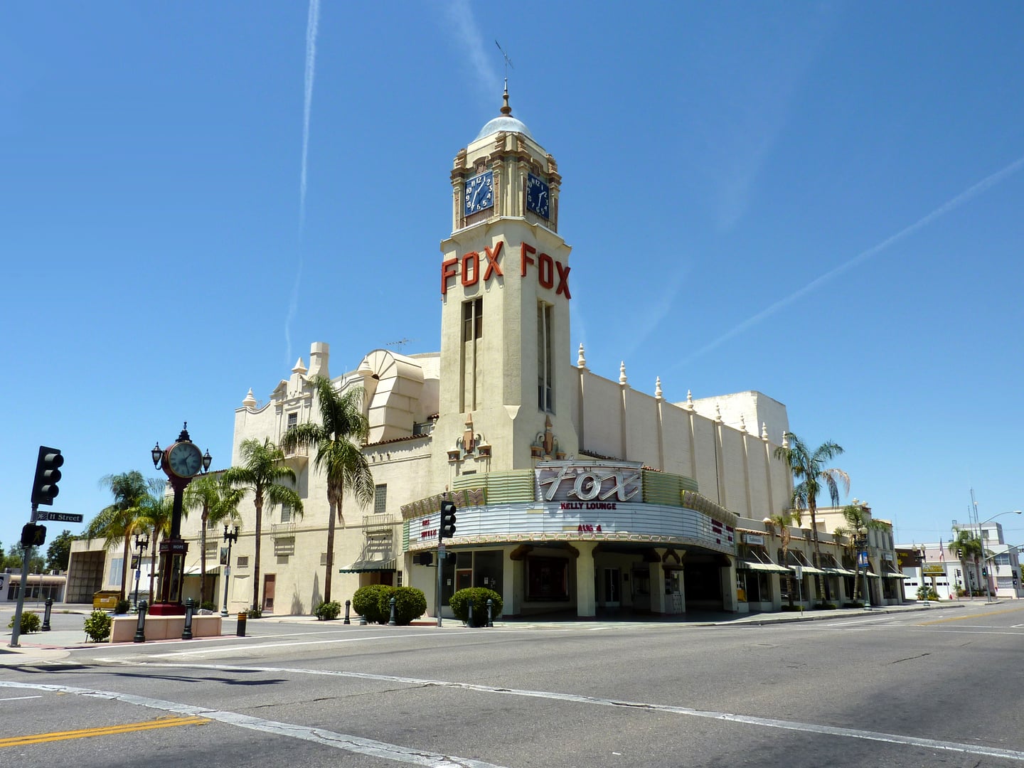 The Fox Theater in downtown Bakersfield, showing its neon marquee and Spanish Colonial Revival clock tower