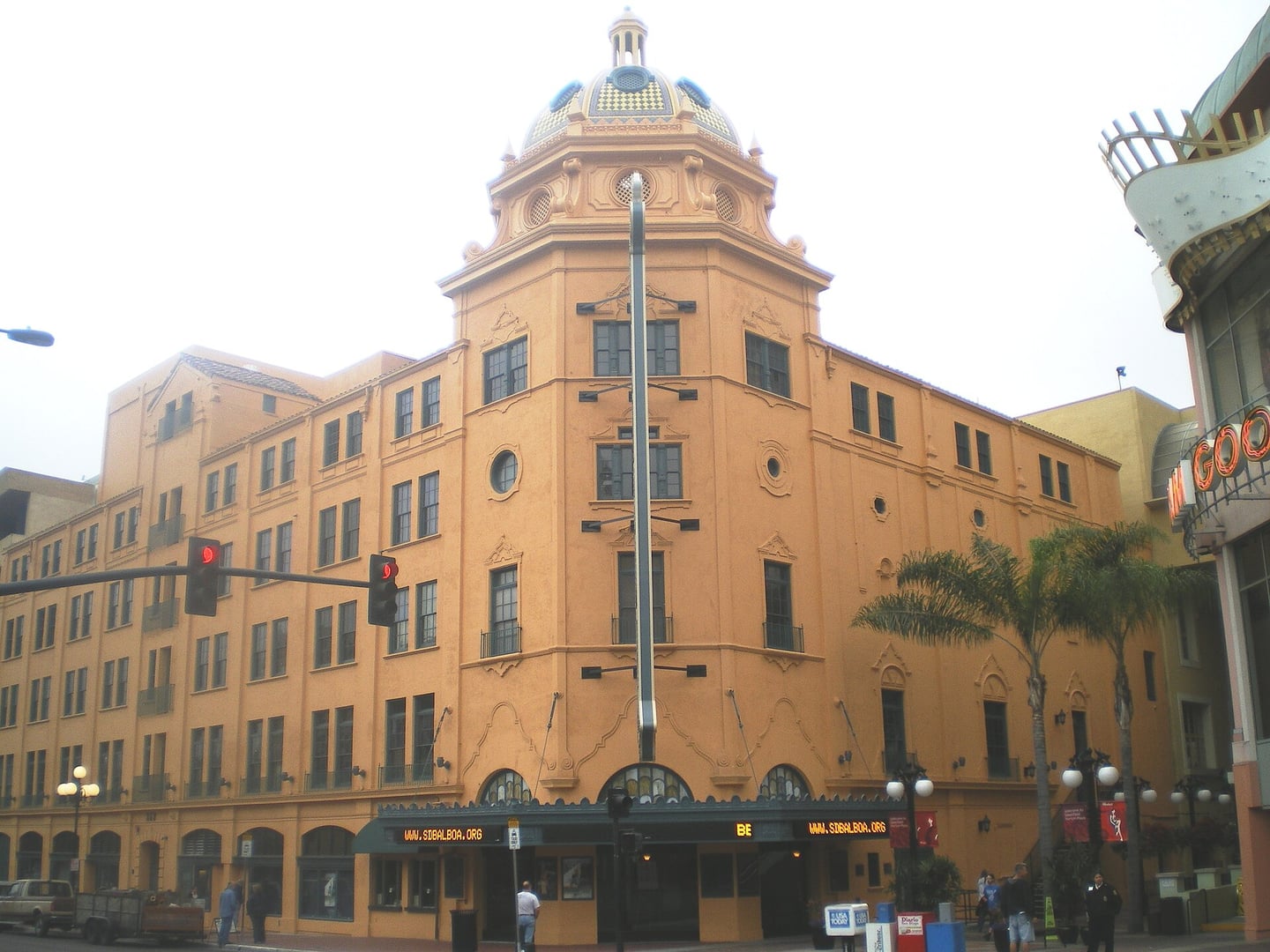 The 1924 Balboa Theatre's twin tiled domes and Spanish Colonial Revival facade at Fourth Avenue and E Street in San Diego's Gaslamp Quarter