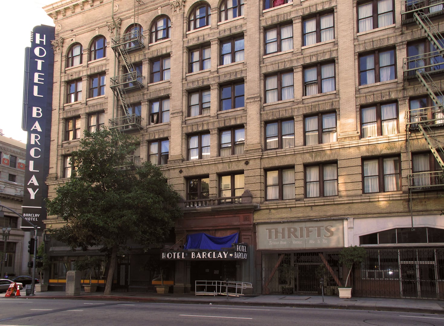 Hotel Barclay Los Angeles exterior at the corner of 4th Street and Main Street, showing the Beaux-Arts facade