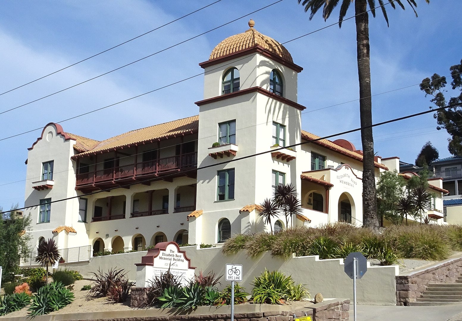Mission Revival exterior of the 1901 Elizabeth Bard Memorial Hospital at 121 N Fir Street in downtown Ventura, California, with three-story corner bell tower.