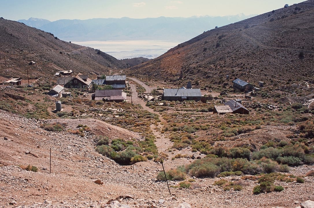 Looking west over Cerro Gordo down to Owens Valley below and the Sierra Nevadas beyond, Inyo County, CA, USA