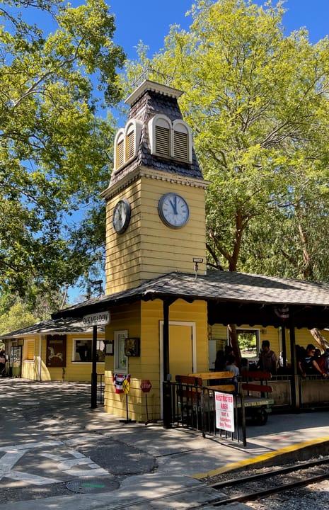 Photograph of the Billy Jones Railroad Station in Oak Meadow Park Adjacent to Vasona Lake County Park, in Los Gatos, California.