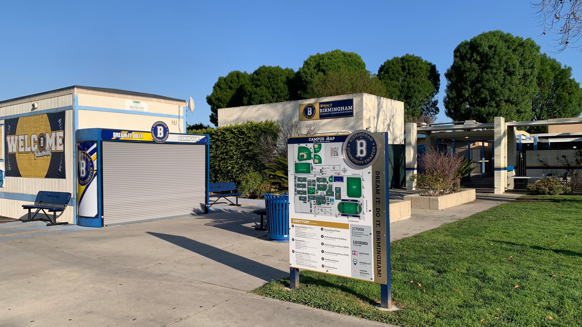 The Victory Boulevard entrance of Birmingham High School in the Lake Balboa neighborhood of Los Angeles, on the former WWII Birmingham General Hospital site.