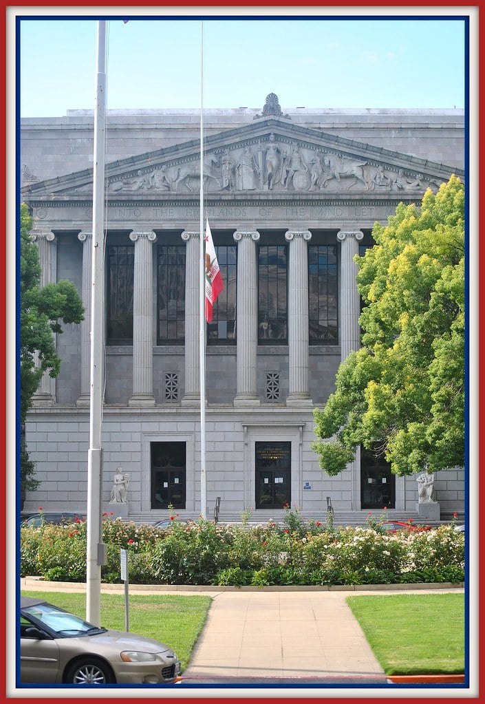 Neoclassical facade of the Library and Courts Building, home of the California State Library, at 914 Capitol Mall in Sacramento