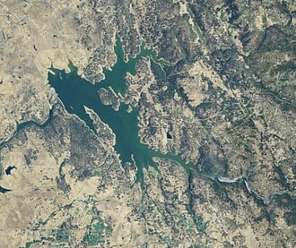 Camp Far West Lake shoreline and surrounding oak woodland landscape
