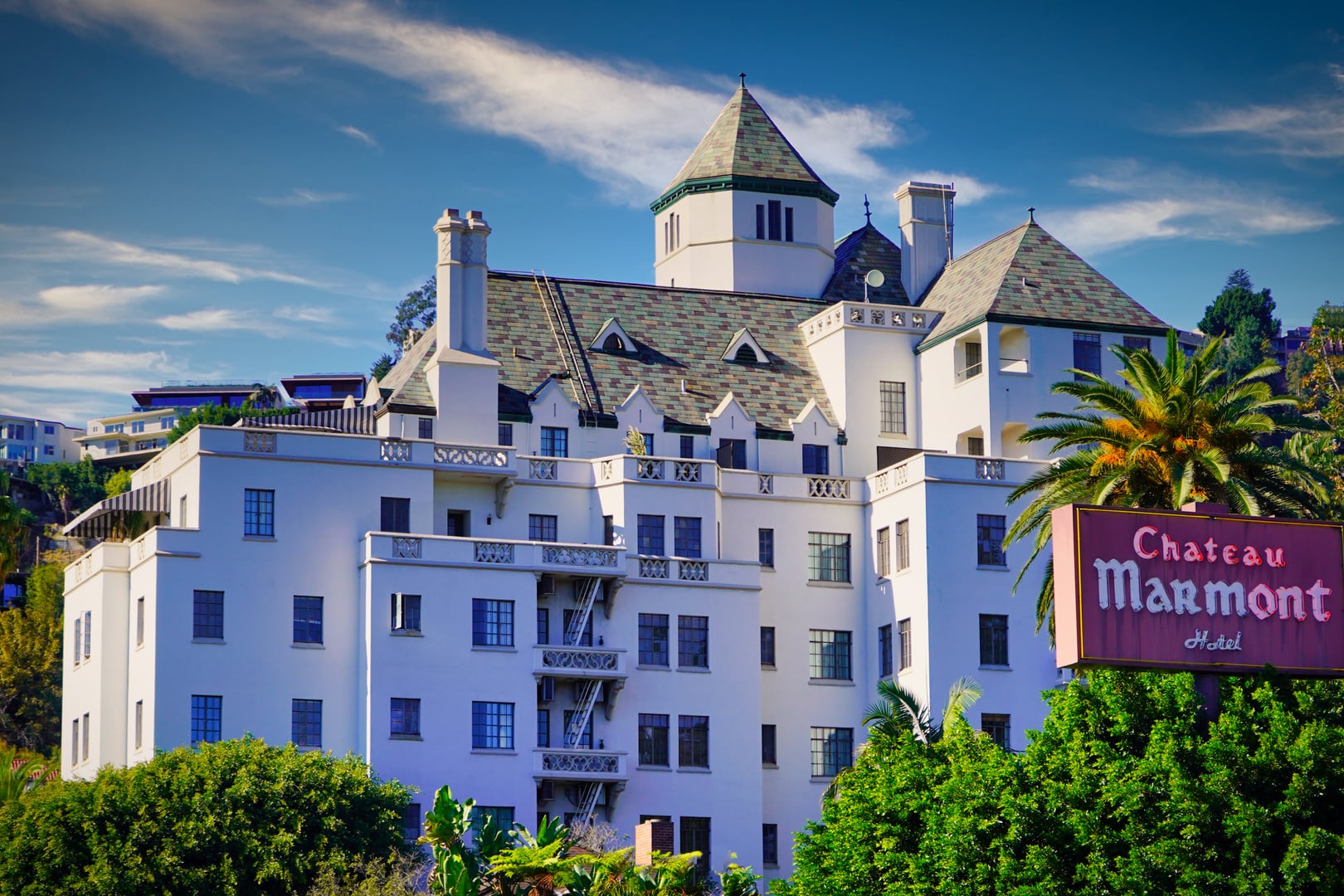 Chateau Marmont French chateau-style hotel facade on Sunset Boulevard in Hollywood