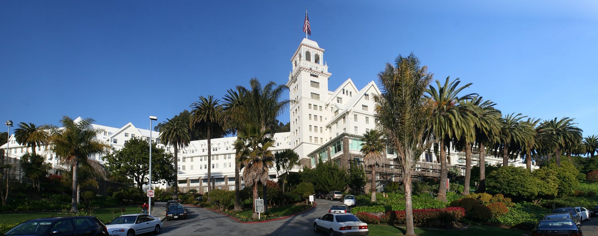 Tudor Revival Claremont Hotel (1915) with 160-foot central tower in the Berkeley Hills above Oakland, California.
