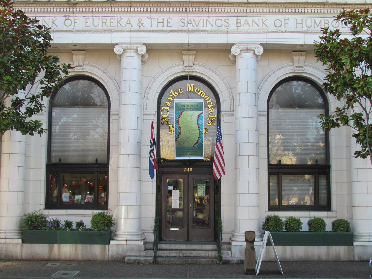 Classical Revival facade of the Clarke Historical Museum at 240 E Street in Old Town Eureka, California — a 1911 former bank on the National Register