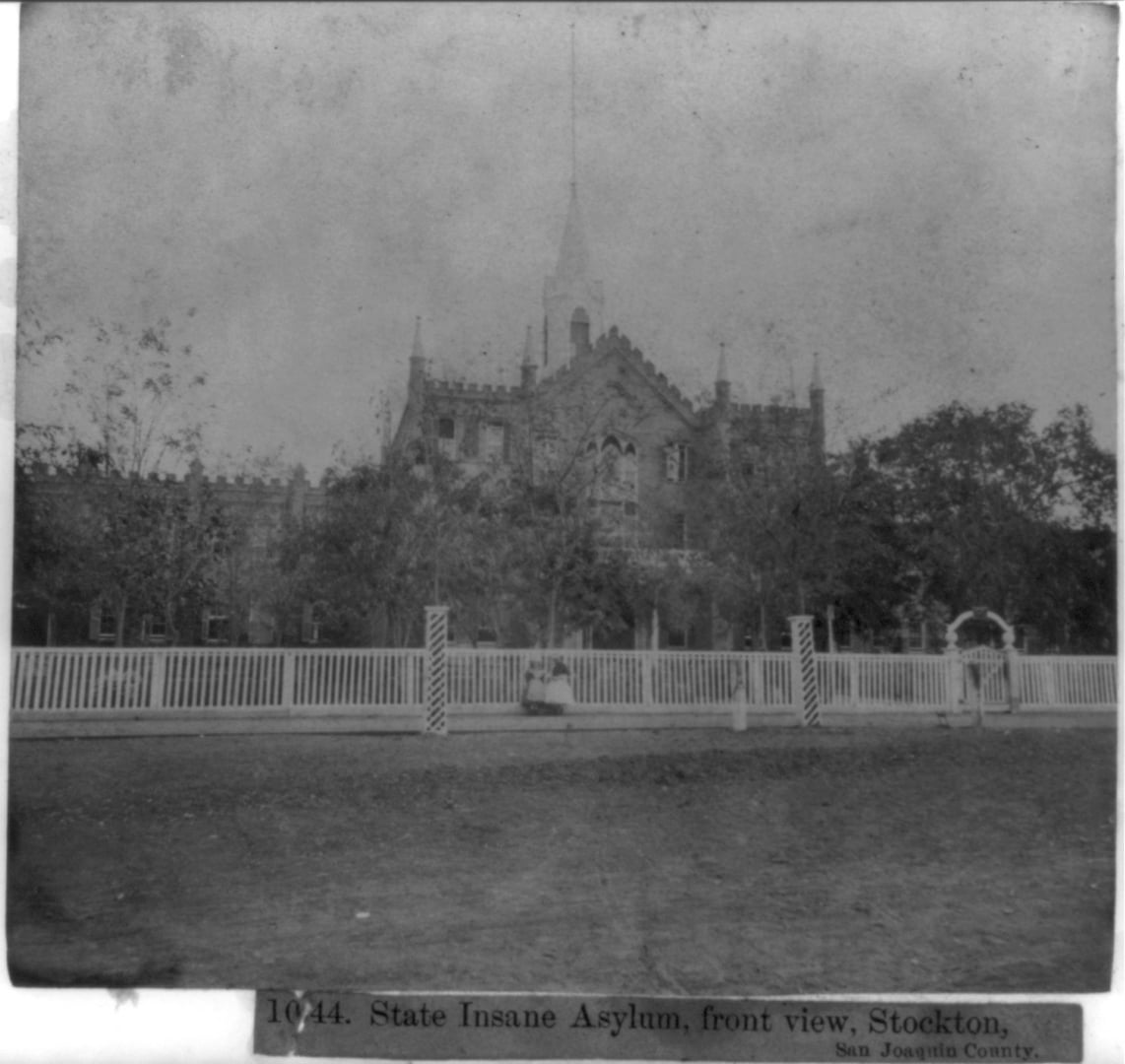1866 albumen photograph of the State Insane Asylum at Stockton, California, showing the front facade of the original building