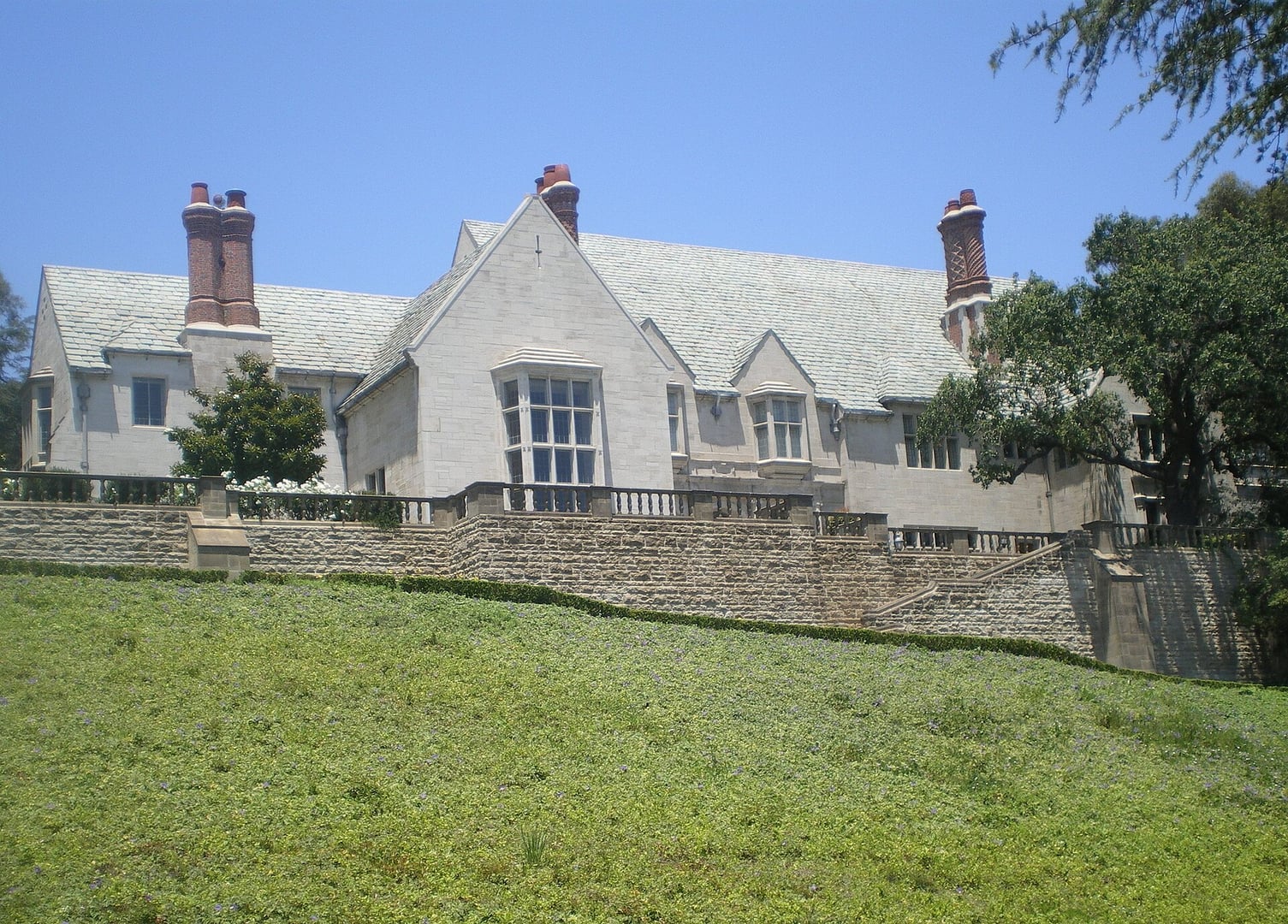 Greystone Mansion Tudor Revival limestone facade in Beverly Hills, California, the 1928 Doheny estate and public park