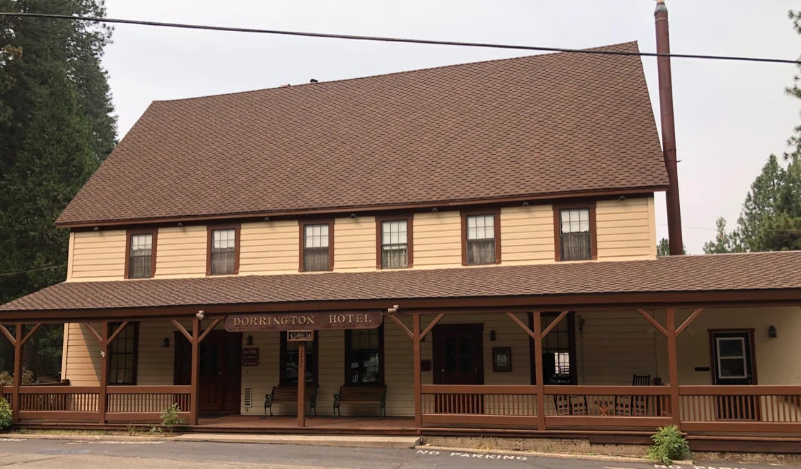 Exterior of the historic 1852 Dorrington Hotel along Highway 4 in California's Sierra Nevada