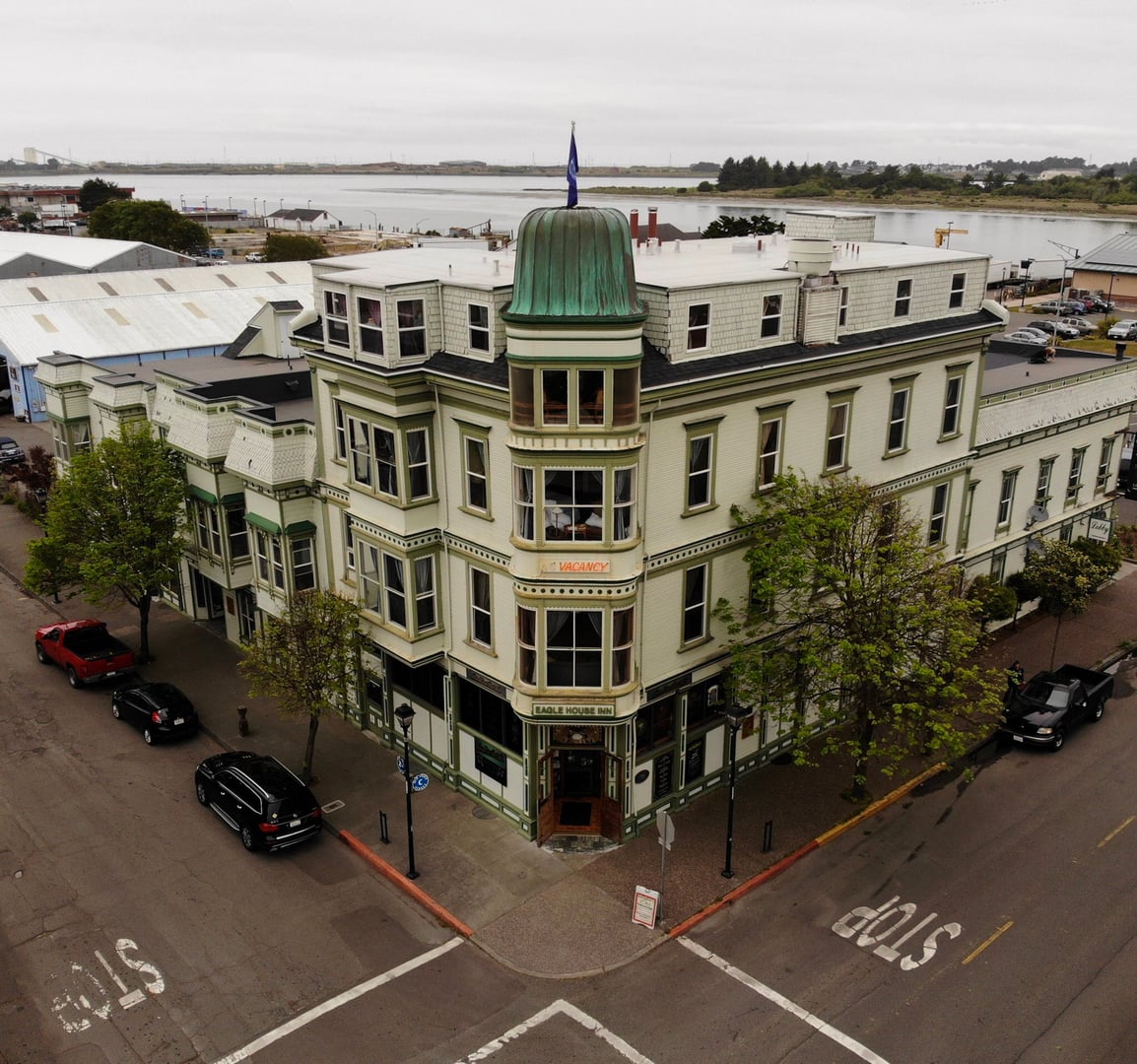 Victorian exterior of the Historic Eagle House on the corner of 2nd and C Streets in Old Town Eureka, California