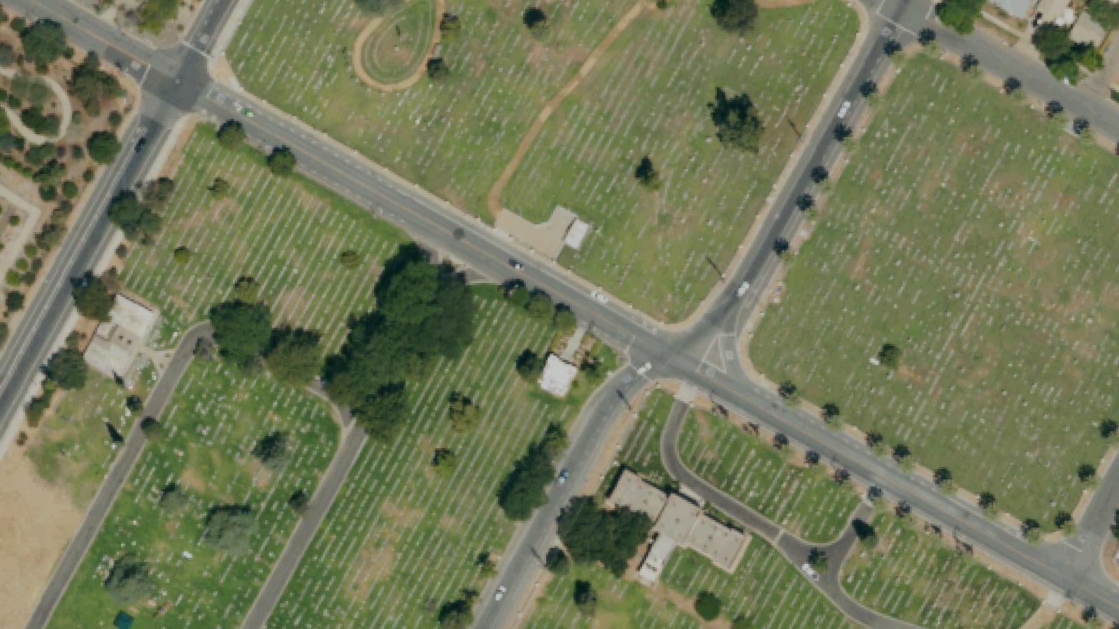 Aerial survey view of Evergreen Memorial Historic Cemetery
