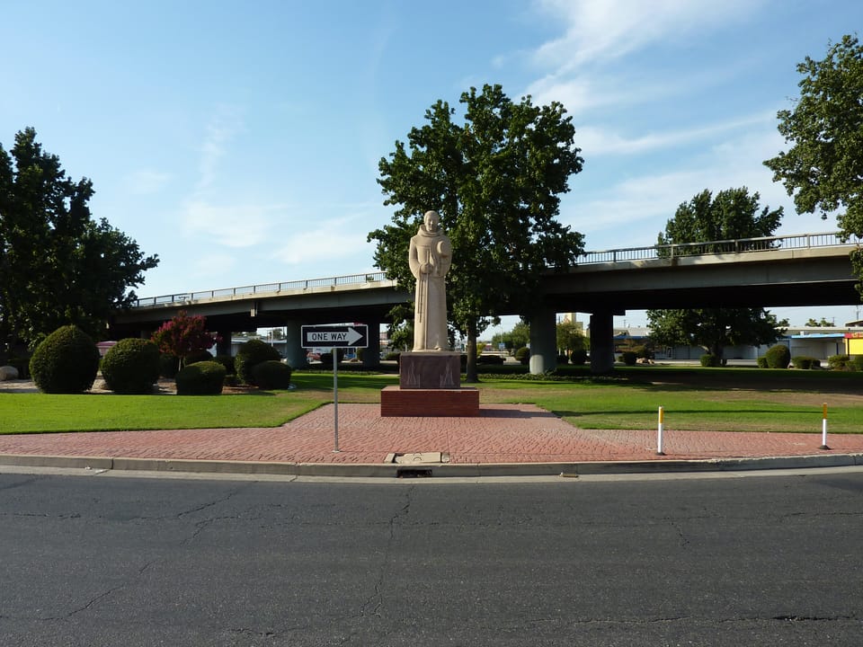 Garces Memorial Circle — with a statue honoring explorer Francisco Garcés,  located in Bakersfield, California.
He was a Spanish explorer, active in Colonial California and Southwestern North America for the colonial  Viceroyalty of New Spain.
Francisco Garcés discovered the first route to the south