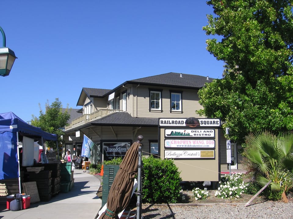 This building in "Railroad Square" may have once served as a freight depot for the nearby Southern Pacific Station.  It is at 55 West Angela Street in Pleasanton, California, USA.