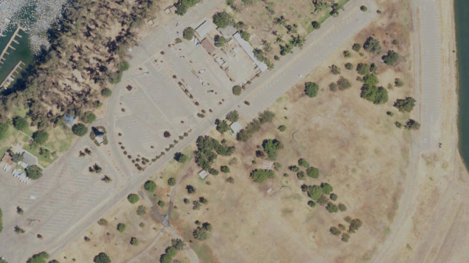 Aerial survey view of Scout Island, Lake Yosemite