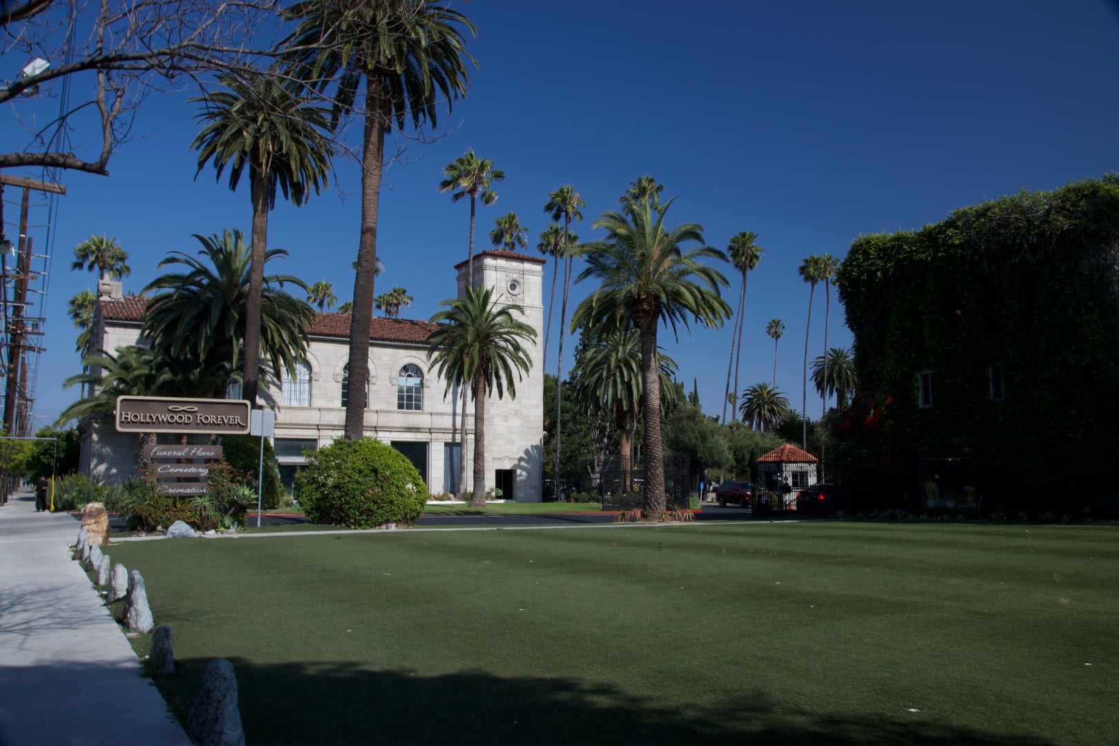 Entrance gates to Hollywood Forever Cemetery on Santa Monica Boulevard in Los Angeles, California