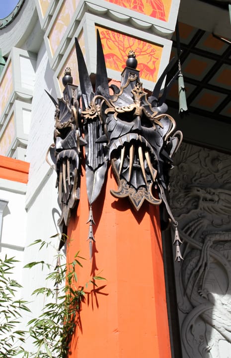 Close-up of one of the carved dragon finials on the Chinese Theatre's forecourt columns, 2014.