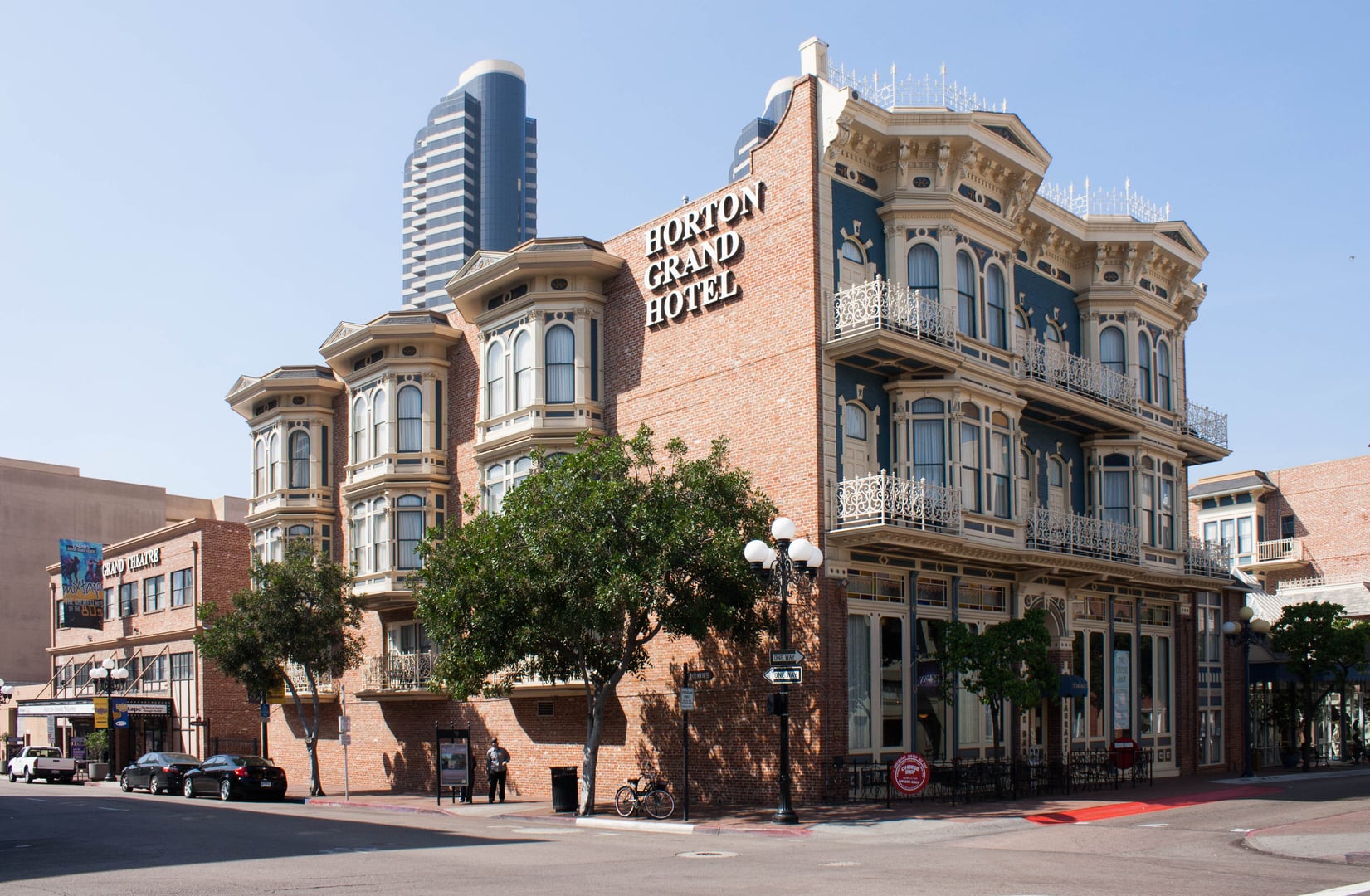 Exterior of the Horton Grand Hotel, an 1886 Victorian hotel in the Gaslamp Quarter of San Diego, California