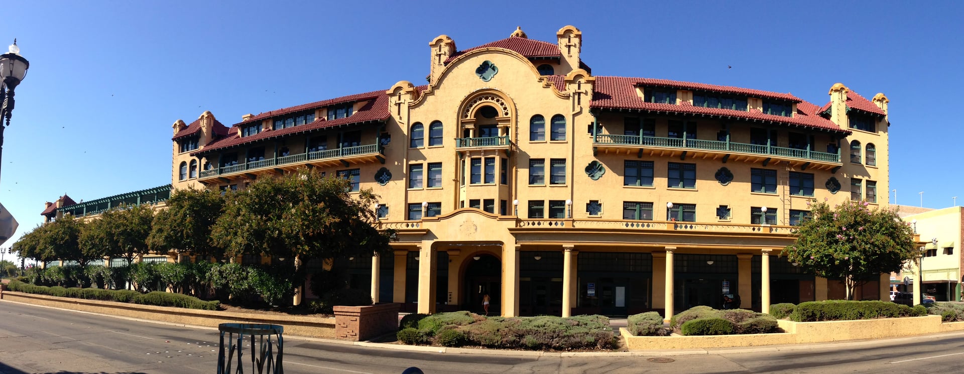 Mission Revival Hotel Stockton building exterior at 133 E. Weber Avenue, Stockton, California