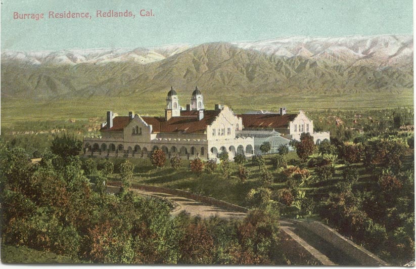 Burrage Mansion exterior on West Crescent Avenue, Redlands — 1901 Mission Revival 28-room estate with twin bell towers and arcaded facade