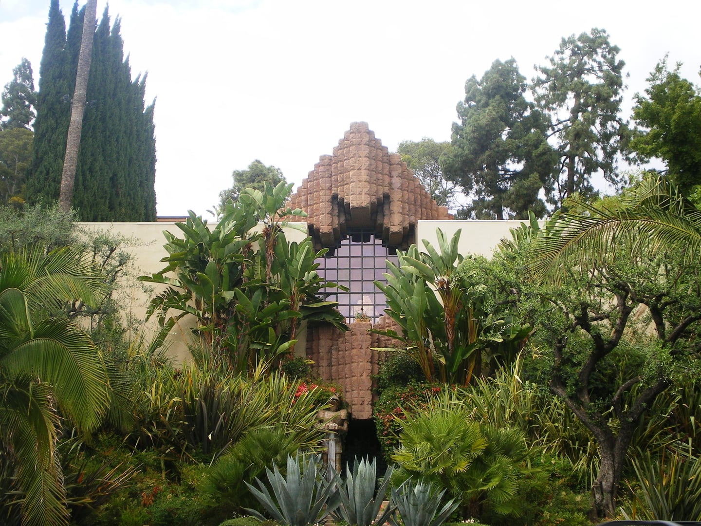 John Sowden House exterior on Franklin Avenue in Los Feliz, showing the Mayan Revival concrete textile-block facade