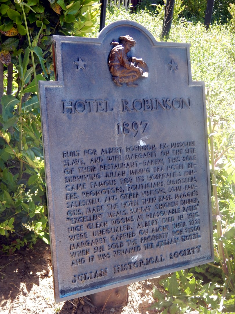 Historic plaque for the Julian Hotel (originally Hotel Robinson, 1897) at Main and B Streets in Julian, California