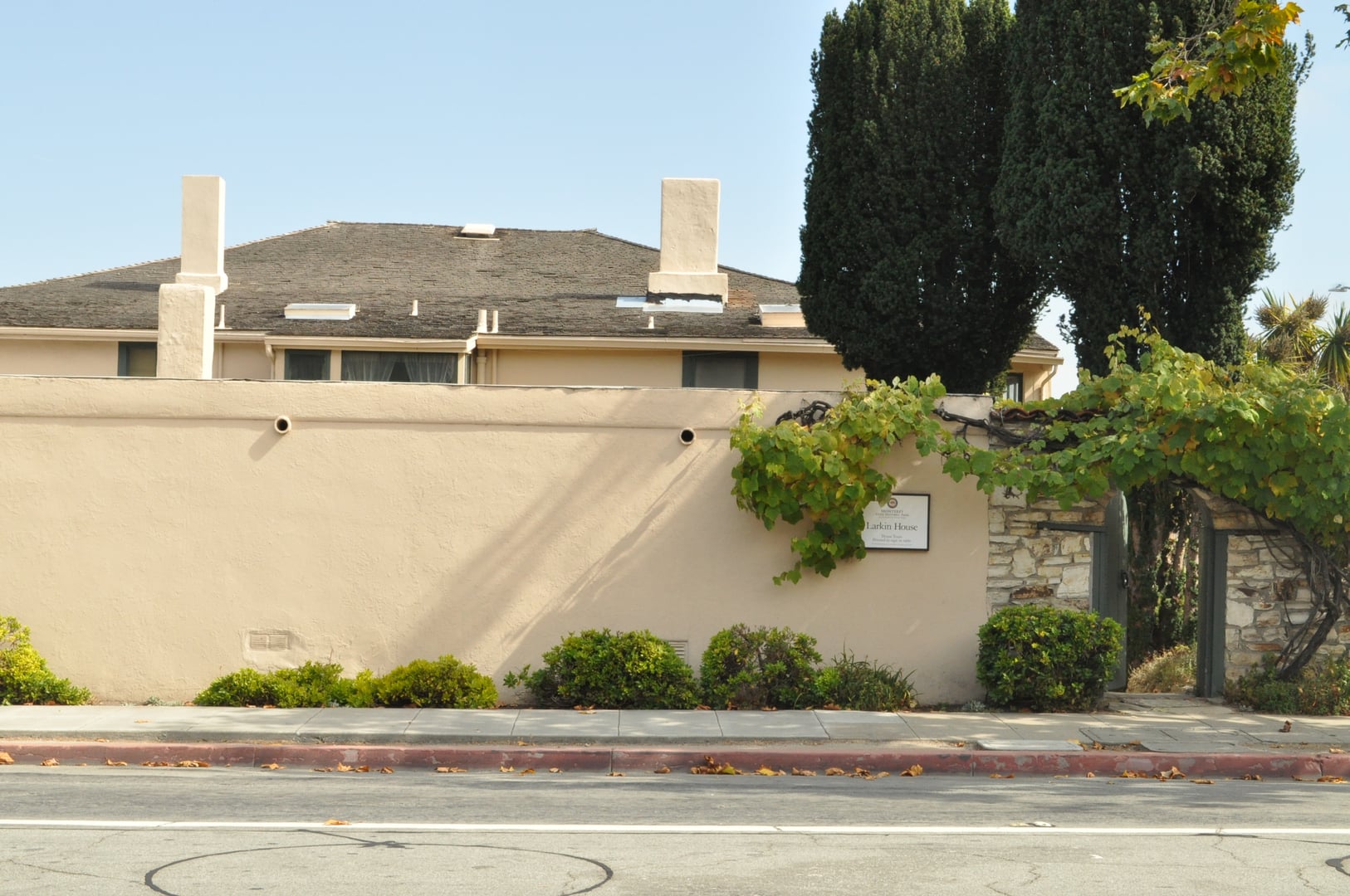 Exterior view of Larkin House at 464 Calle Principal, Monterey — California's first two-story house, built 1835 in Monterey Colonial style
