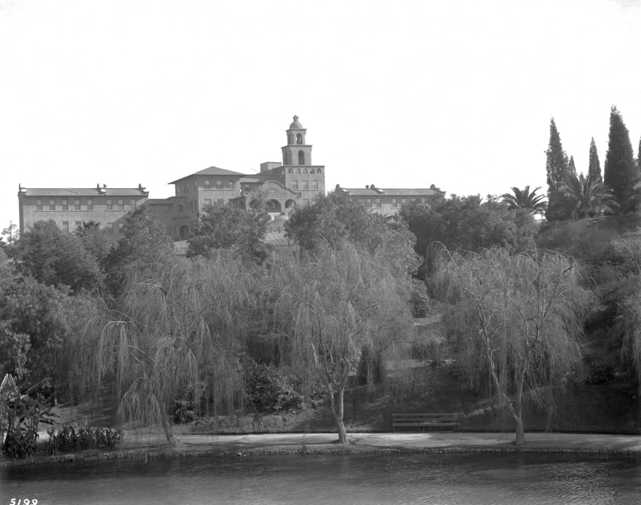 Exterior of Linda Vista Community Hospital, the 1905 Mission Revival former Santa Fe Coast Lines Hospital at 610 South St. Louis Street, Boyle Heights, Los Angeles