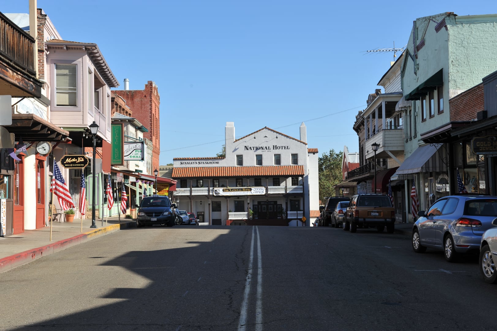 Main Street in historic downtown Jackson, California looking toward the National Hotel