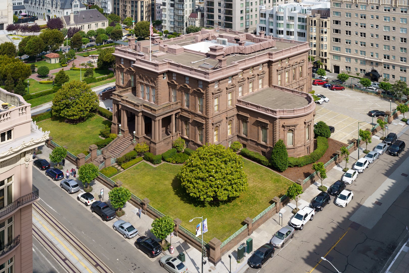 Brownstone exterior of the James C. Flood Mansion (Pacific-Union Club) at 1000 California Street atop Nob Hill, San Francisco