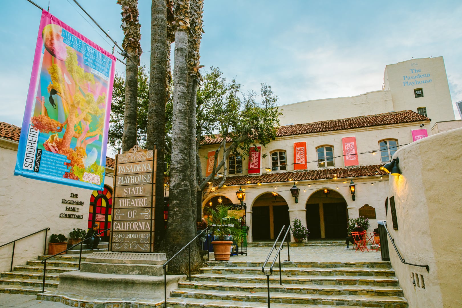 Pasadena Playhouse exterior facade on El Molino Avenue, showing the Spanish Colonial Revival architecture