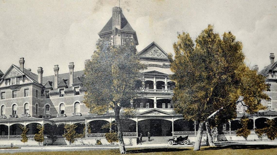The El Paso de Robles Hotel (the three-story 1889 predecessor on this site, promoted as the 'Hot Springs Hotel'), pictured circa 1910s. This building burned down on December 19, 1940; the present Paso Robles Inn was built from its salvaged brick and 