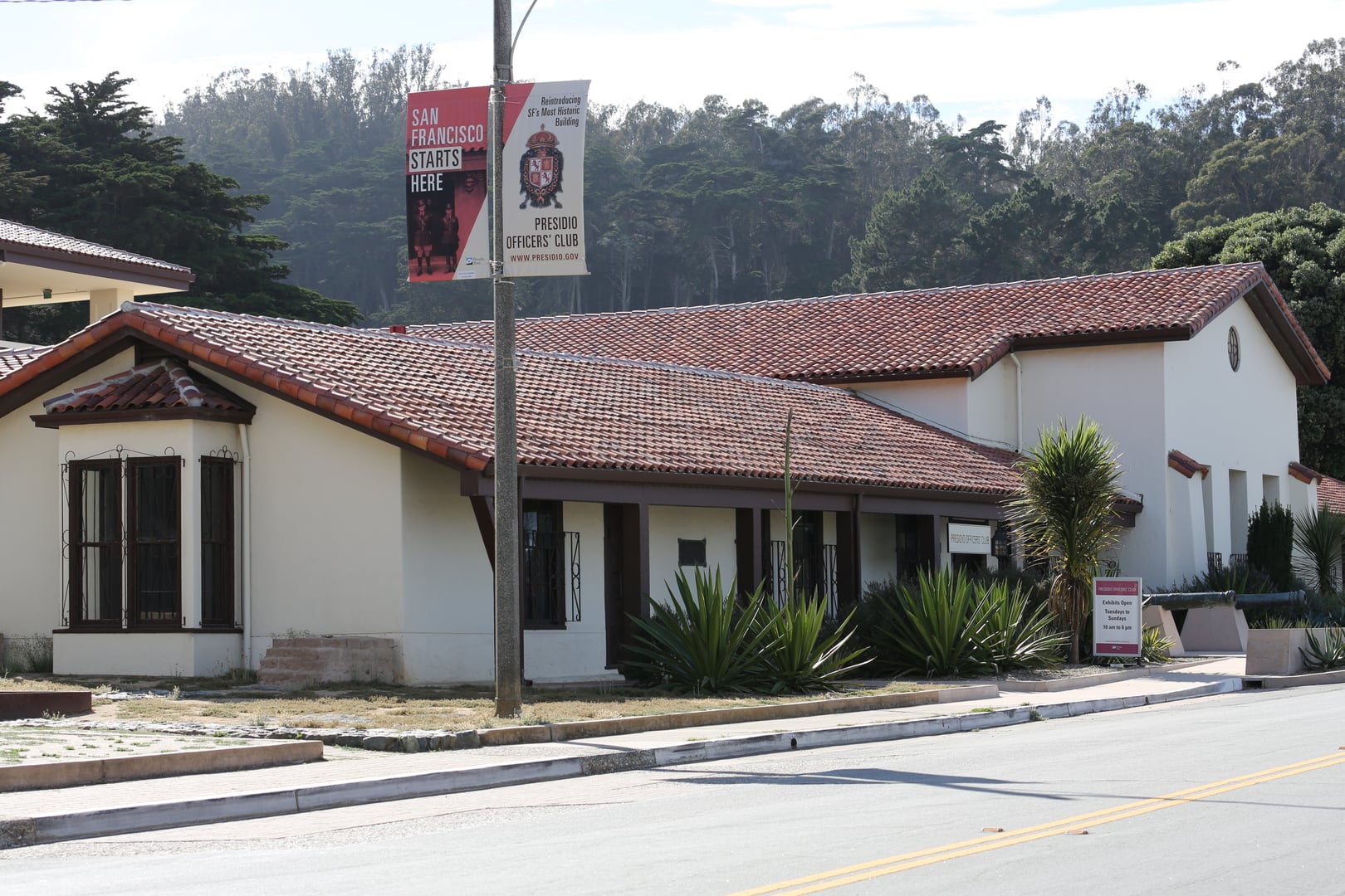 Exterior of the Presidio Officers' Club, the oldest adobe building in San Francisco, at 50 Moraga Avenue in the Presidio