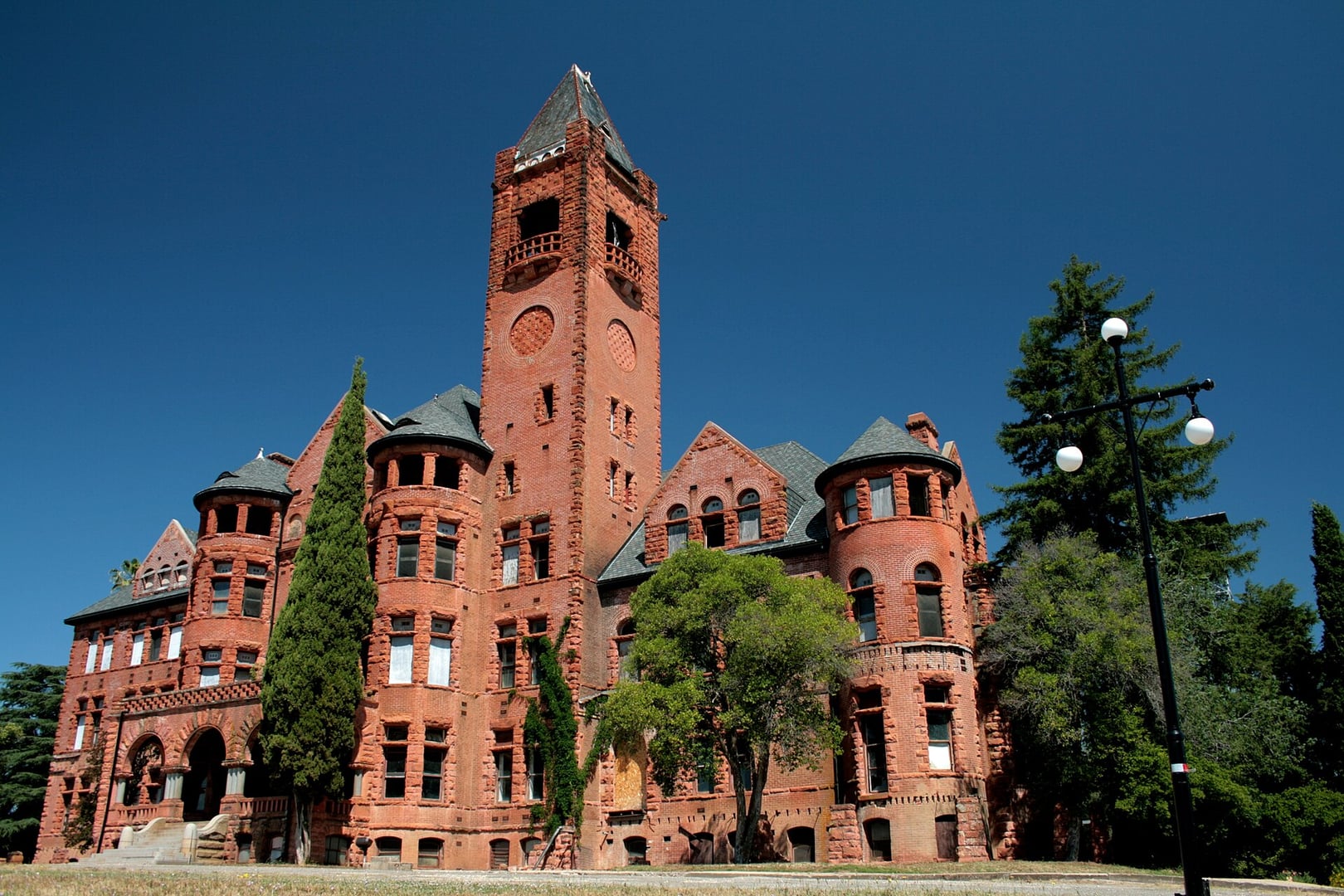Romanesque Revival Preston Castle built in 1894 rising above the foothills of Ione, California, former Preston School of Industry