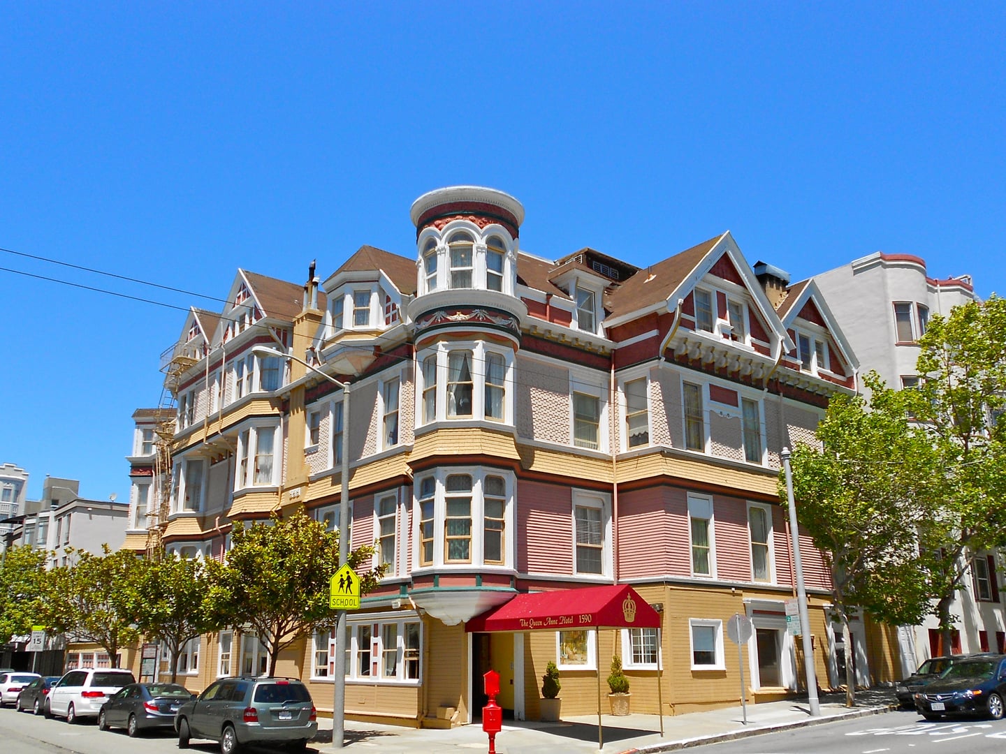 The Queen Anne Hotel, a Victorian painted-lady mansion at 1590 Sutter Street in San Francisco's Pacific Heights