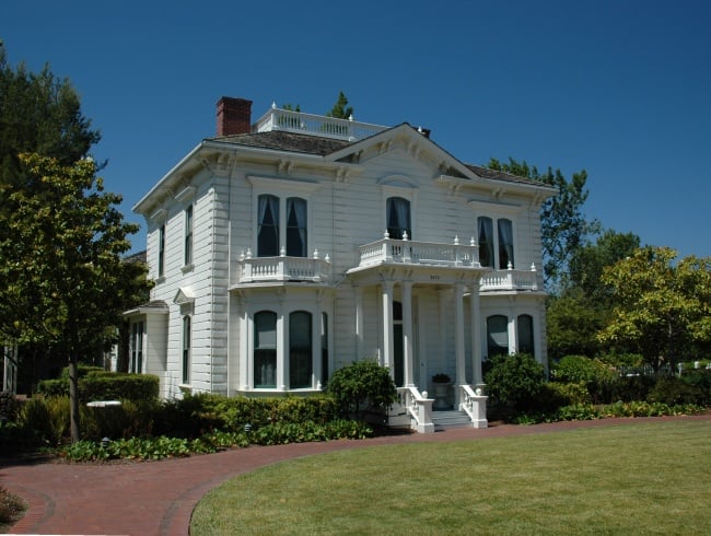 Exterior view of the 1867 Rengstorff House, an Italianate Victorian home in Shoreline Park, Mountain View, California