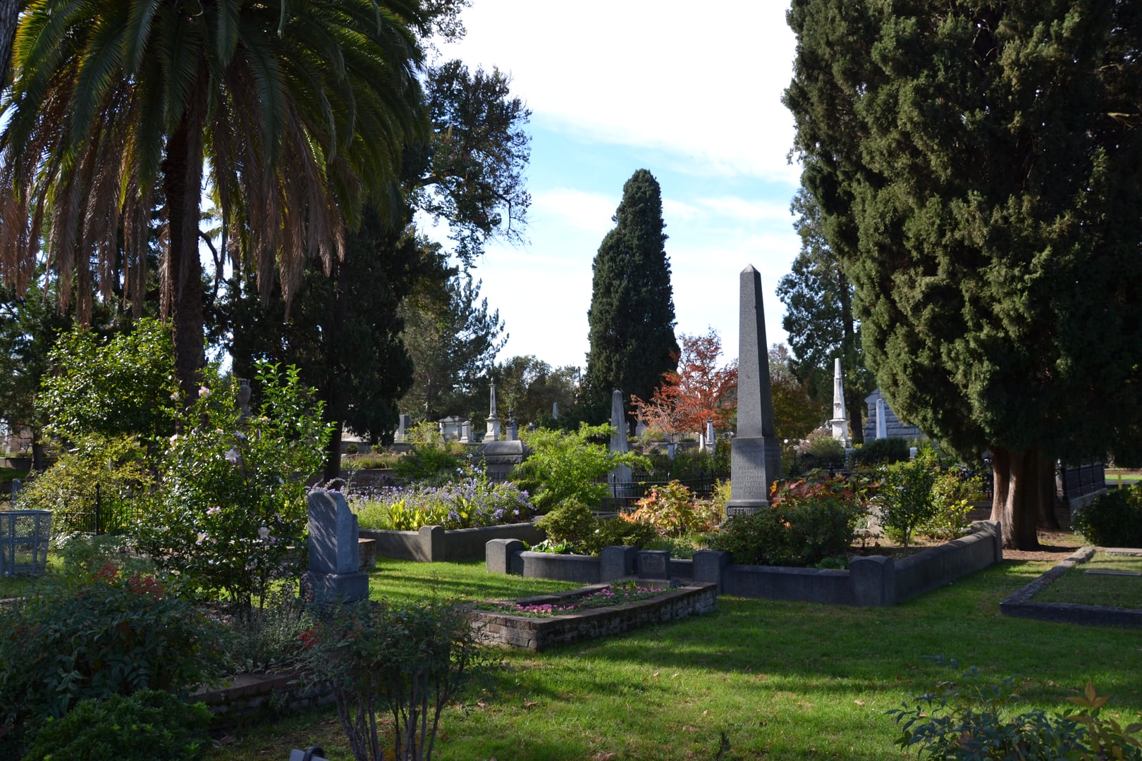 Victorian garden-style terraces and monuments at the Sacramento Historic City Cemetery, the city's oldest extant cemetery (est. 1849).