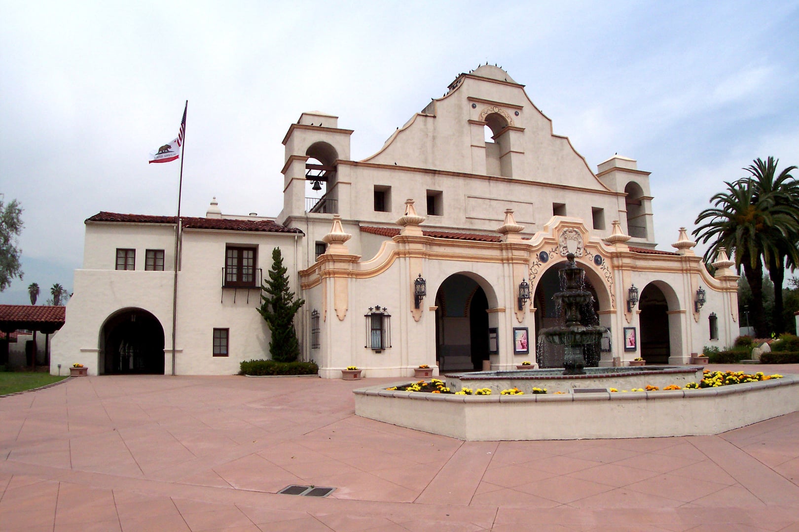 Mission Revival facade of the San Gabriel Mission Playhouse on Mission Drive in San Gabriel, California